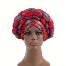 Red Gradient Turban Cap Double layer Braided Hijab Hat Pre tied Head Wrap Elastic Bonnet Chemo Hats