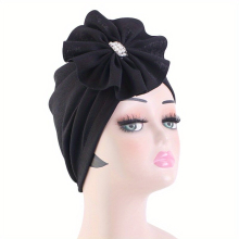 Rhinestone Bow Decor Turban Cap Solid Pleated Hijab Head Wrap Elastic Bonnet Casual Chemo Cap Beanies