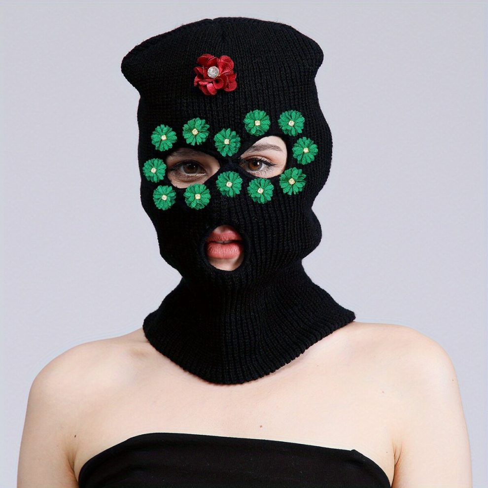Rhinestone Flower Decor Balaclava Ski Mask Y2k Windproof Cycling Face Covering Warm Elastic Headgear Knit Mask Black 885675099524