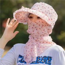 Colorful Flower Lace Sun Hat With Neck Protector Cycling Extended Brim Chiffon Sunscreen Visor Hats