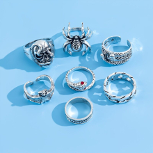 7pcs Creative Hip Hop Style Ring Skull Bat Snake Spider Distressed Vintage Ring Decorative Accessories Holiday Gift For Boys And Girls