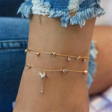 Mini Butterfly Rhinestone Pendant Thin Chain Anklet Multilayer Zinc Alloy Anklet Bracelet For Girls For Summer Decor