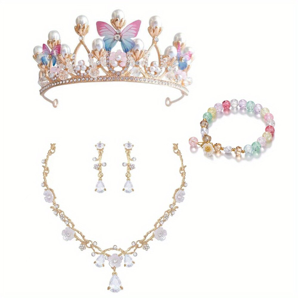 4pcs set Childrens Princess Crown Necklace Bracelet Earrings Set Butterfly Decor Headpieces Flower Decor Earrings & Necklace Kit Jewelry Set For Girl