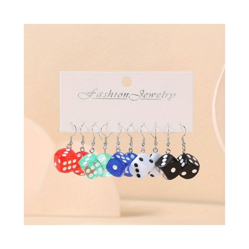 5pairs Girls Cartoon Colorful Dice Pendant Earrings Decorative Accessories Holiday Gift For Girls-image-OPC-PCMW7ZR-NEW