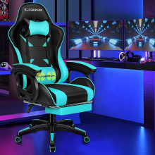 ELFORDSON Gaming Office Chair Massage Racing Computer Seat Footrest Leather Cyan