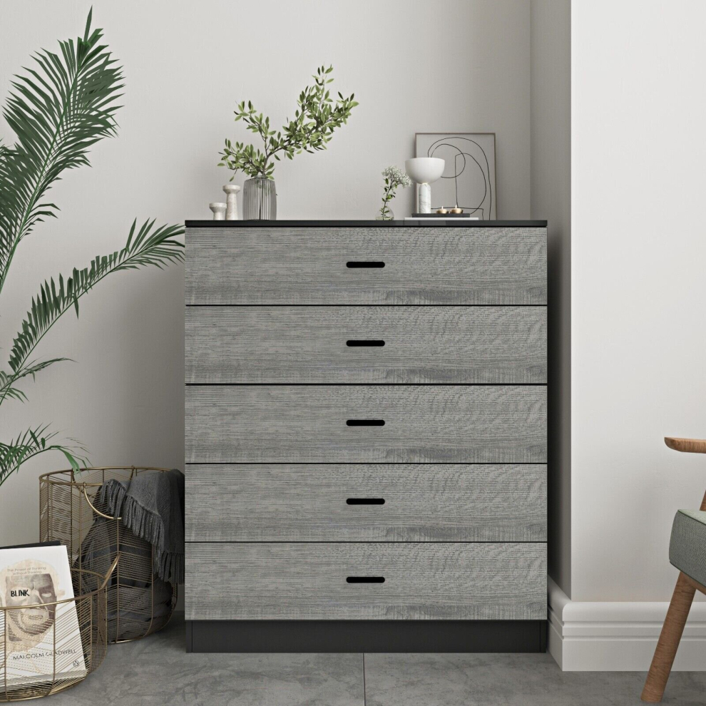 Urbn Living ( Carcass]+Ash Grey Drawers, 5) 4 Or 5 Drawer Wooden Bedroom Chest Cabinet Modern Wide Storage Cupboard Closet Black