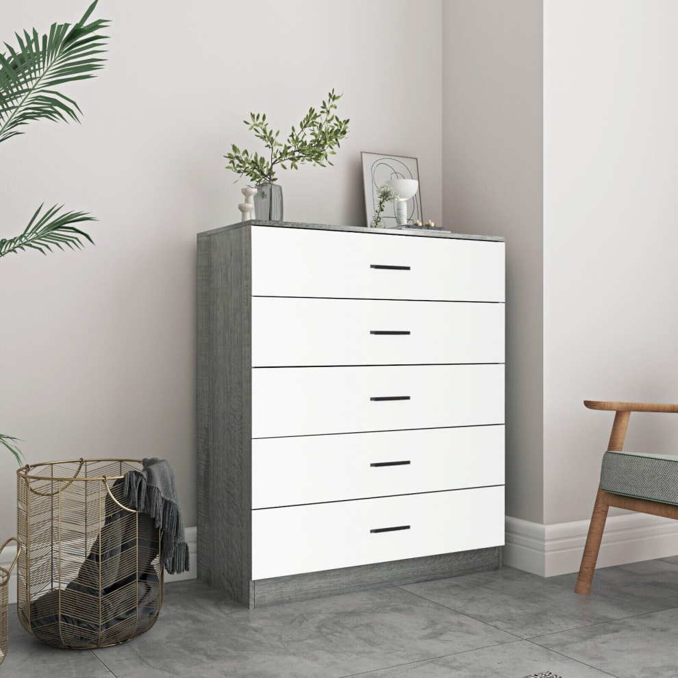 (Ash Grey Carcass + White Drawers, 5) 4 Or 5 Drawer Wooden Bedroom Chest Cabinet Modern Wide Storage Cupboard Closet