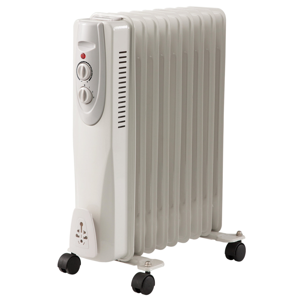 (1) 9 Fin 2000W Oil Filled Radiator 2Kw Portable Heater 3 Heat Thermostat Settings White