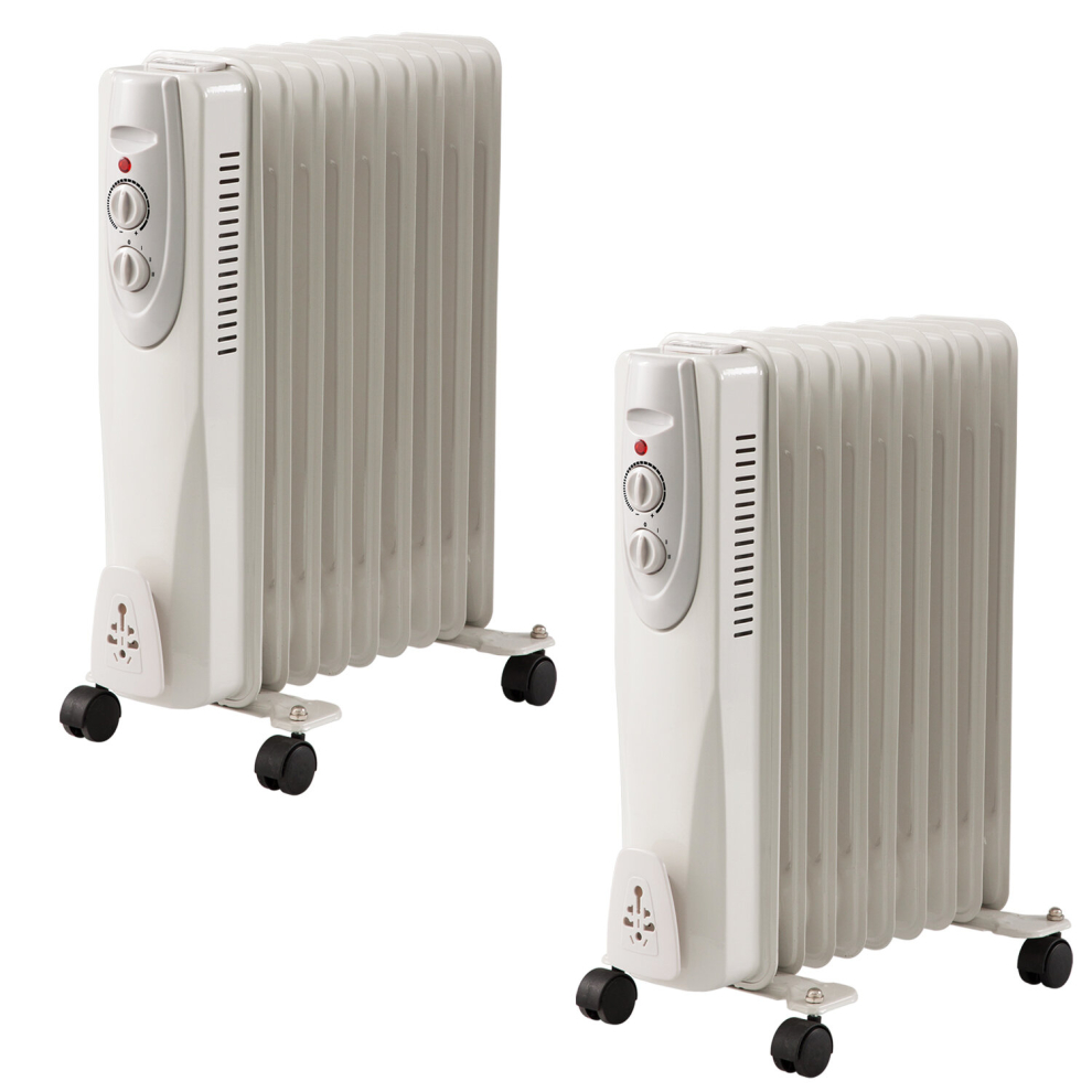 (2) 9 Fin 2000W Oil Filled Radiator 2Kw Portable Heater 3 Heat Thermostat Settings White