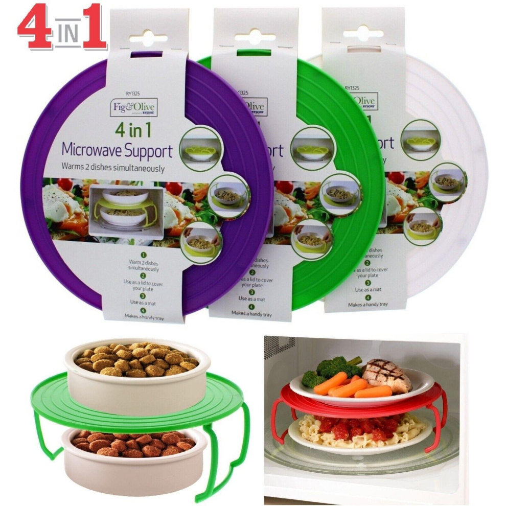 4 in 1 Microwave Support Food Plate Multipurpose Plastic Stand Lid Support Stacker Tray Heat Warmer Foldable Assorted Colour X 1