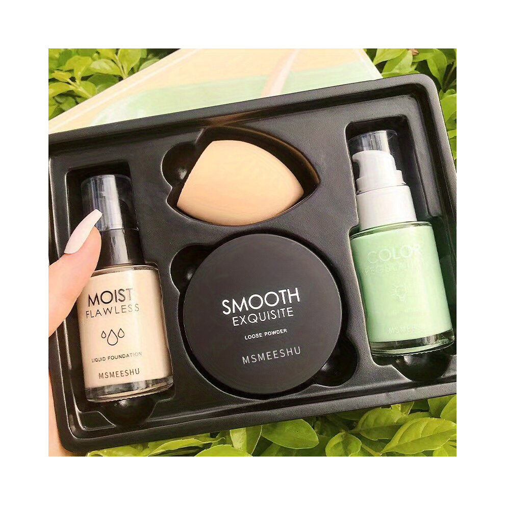 4pcs Makeup Beginner Base Makeup Set Concealer Foundation Loose Powder Makeup Sponge Cosmetics Set For Flawless Skin And Perfect Makeup Look