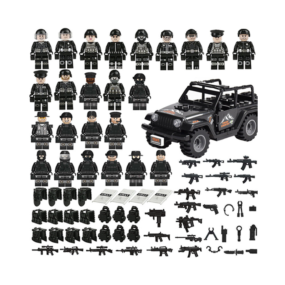 (22 Pcs/set) Black SWAT With Off-Road Vehicle Minifigure Set Army Military Building Blocks Action Toys Fit LEGO