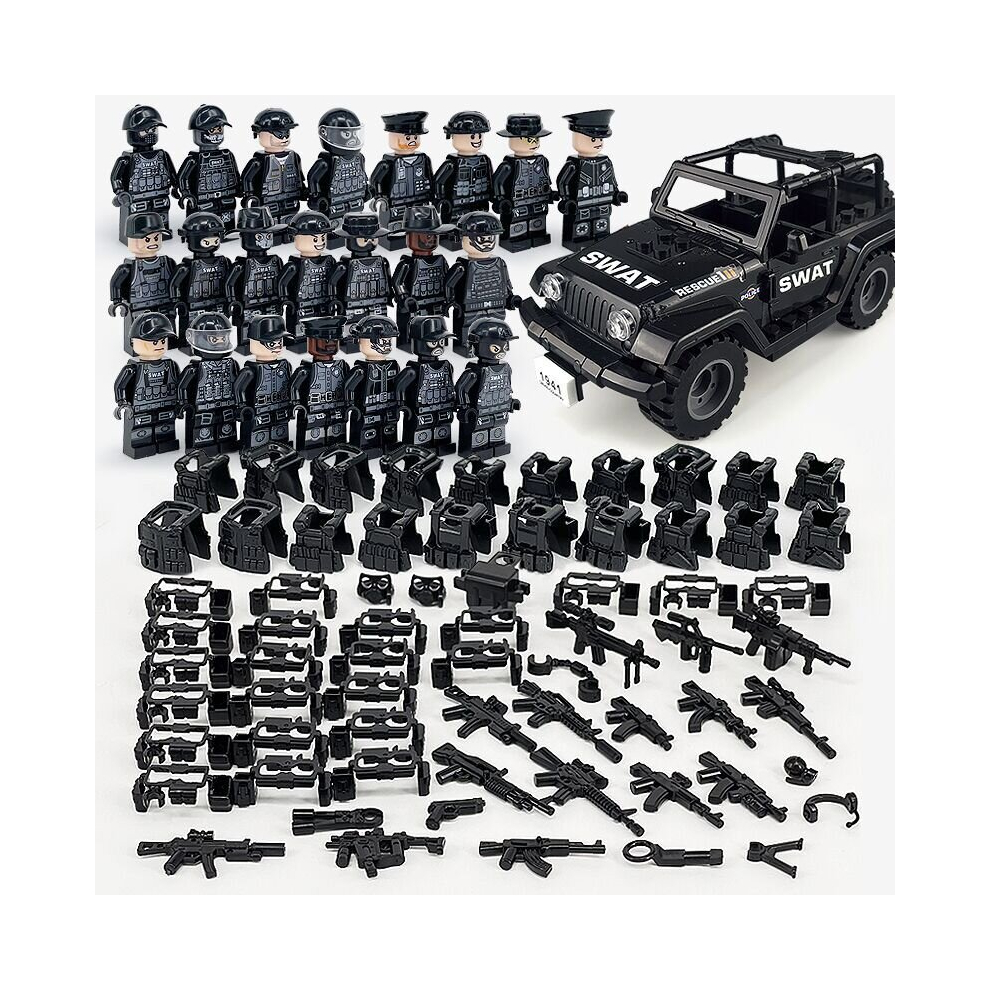 (24 Pcs/set) Black SWAT With Off-Road Vehicle Minifigure Set Army Military Building Blocks Action Toys Fit LEGO