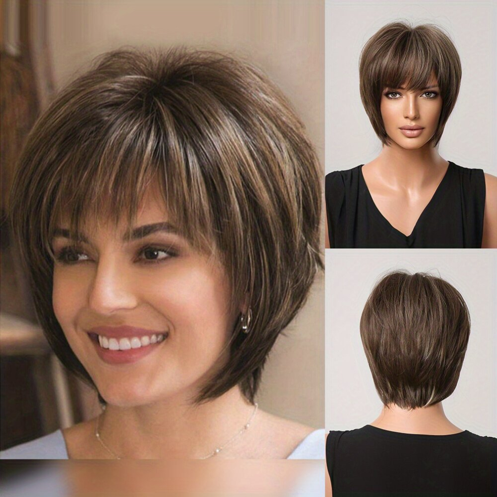 Unisex Brown Short Pixie Cut Hair Wigs Straight Layered Hair Wigs With Bangs For Women Synthetic Hair Replacement Wigs