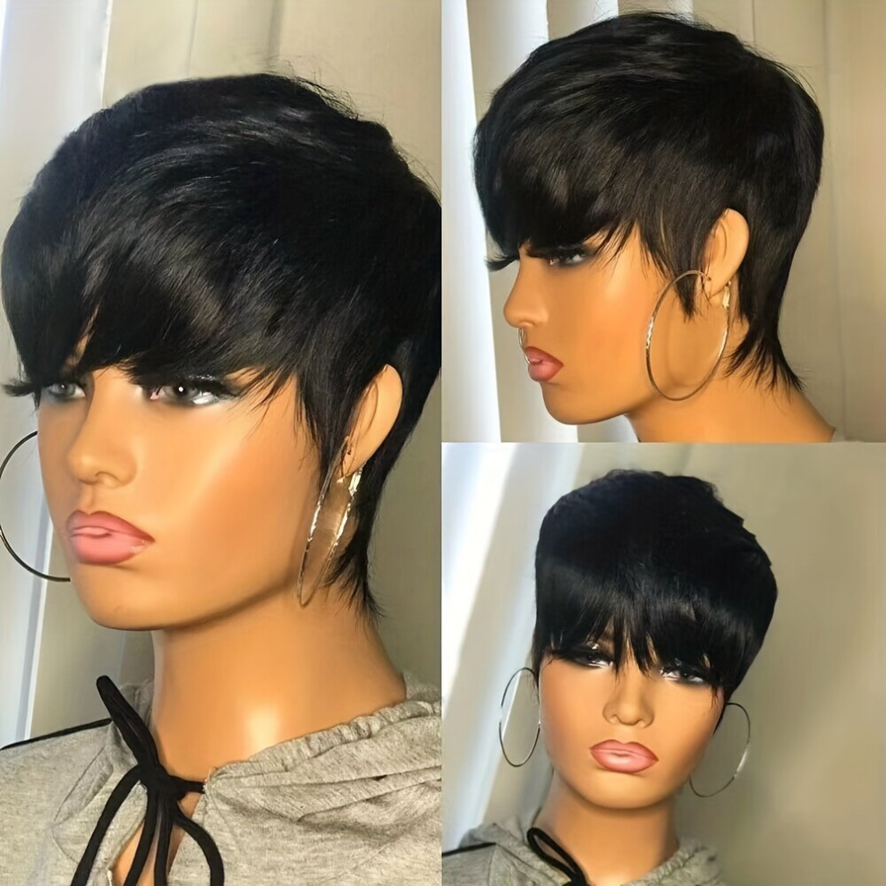 Unisex Black Short Curly Pixie Cut Wig With Bangs Synthetic Wig Beginners Friendly Heat Resistant Mullet Wig