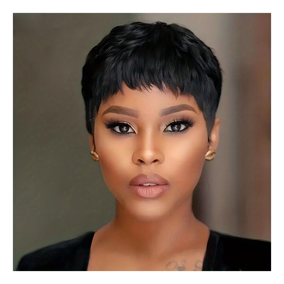 Unisex Black 15 24 Cm Short Pixie Cut Hair Wigs With Bangs For Women Brazilian Virgin Human Hair Wigs Glueless Human Hair Wigs