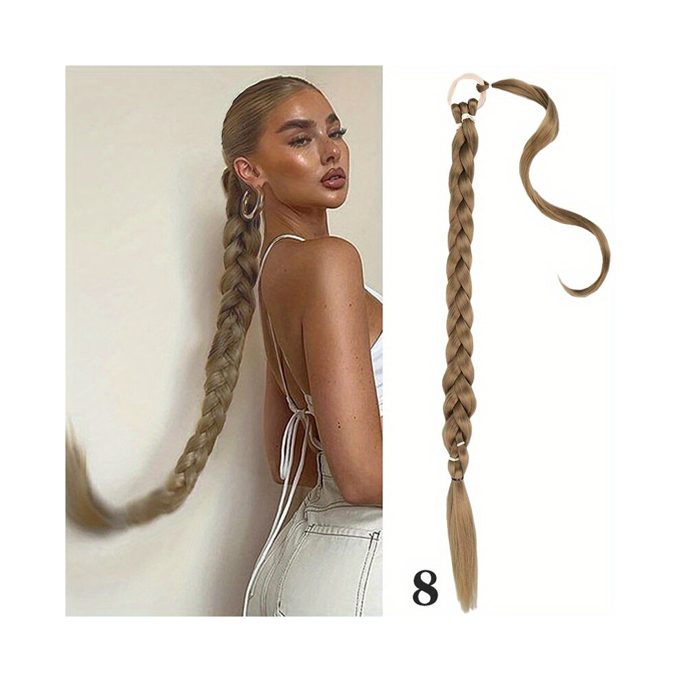 Long Braided Ponytail Extension With Elastic Hair Tie Straight Sleek Wrap Around Braid Hair Extensions Ponytail DIY Natural Soft Synthetic Hair Piece