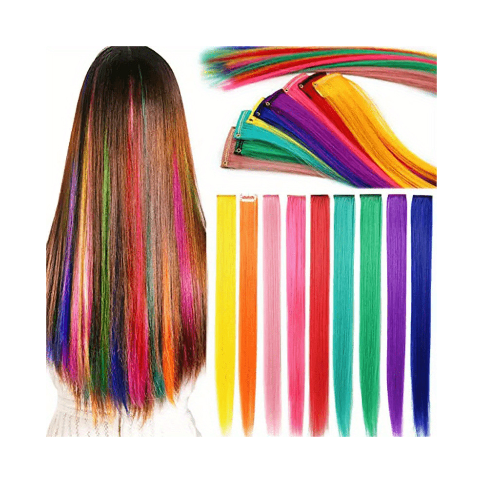 Unisex Multicoloured 9Pcs Colorful Hair Extension Clips Straight Hair Multicolor Hair Extensions Accessories Girls Women Gift Party Highlights Wig Pieces For Women Cosplay