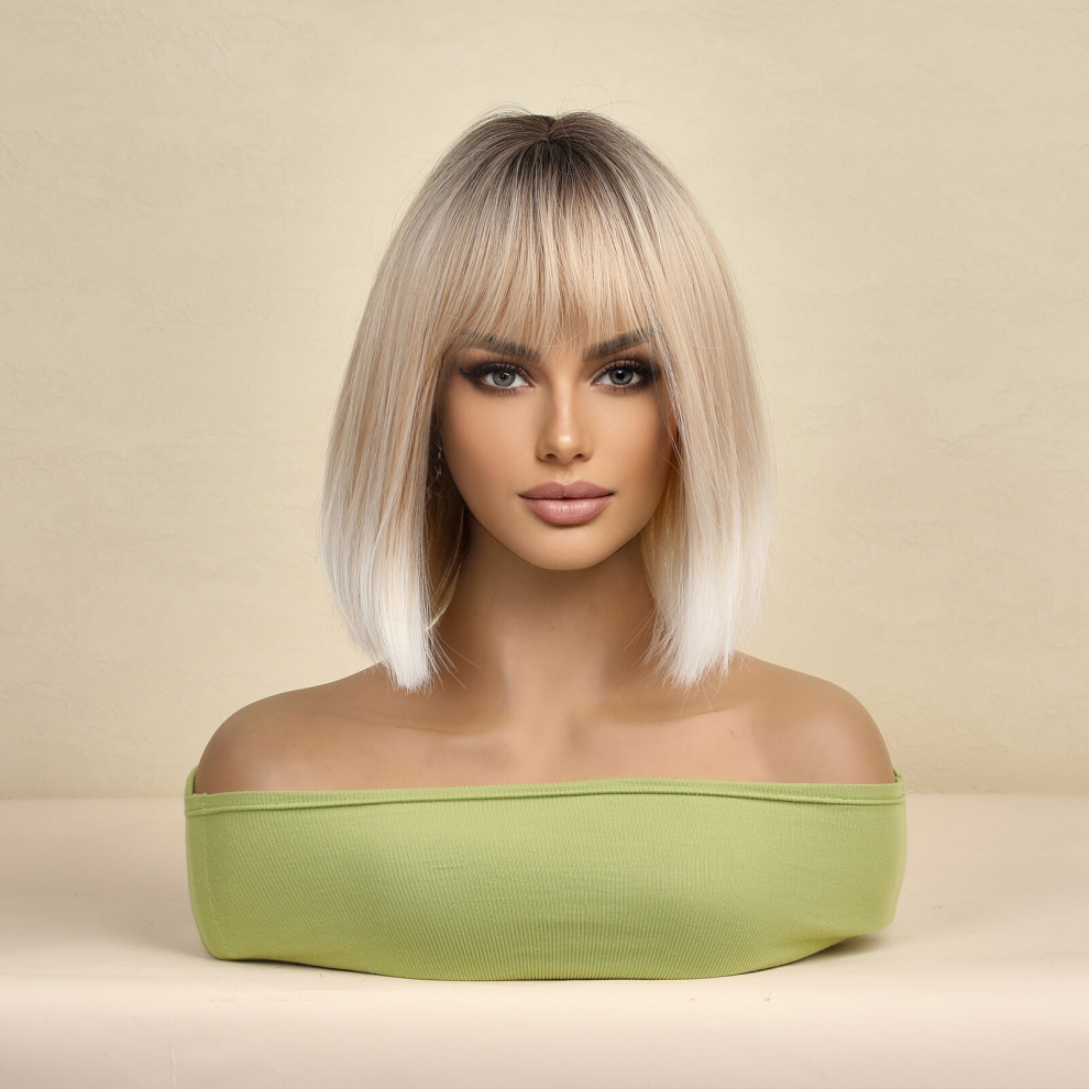 Unisex Multicoloured Ombre Dark Root Blonde Wig With Bangs Short Bob Style For Women Natural Looking And Comfortable