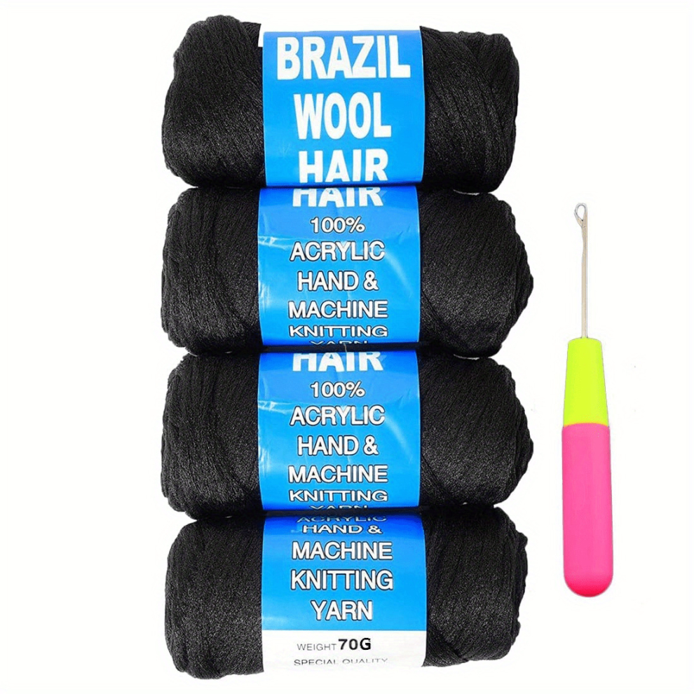 4Packs Brazilian Yarn Wool Braiding Hair Acrylic Thread With Crochet Hook Afro Braids Synthetic Hair Extension