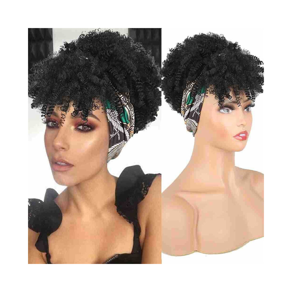Unisex Multicoloured Short Afro Kinky Curly Wigs For Women Headband Wig Afro Curly With Bangs Synthetic Wigs Headwrap Wigs