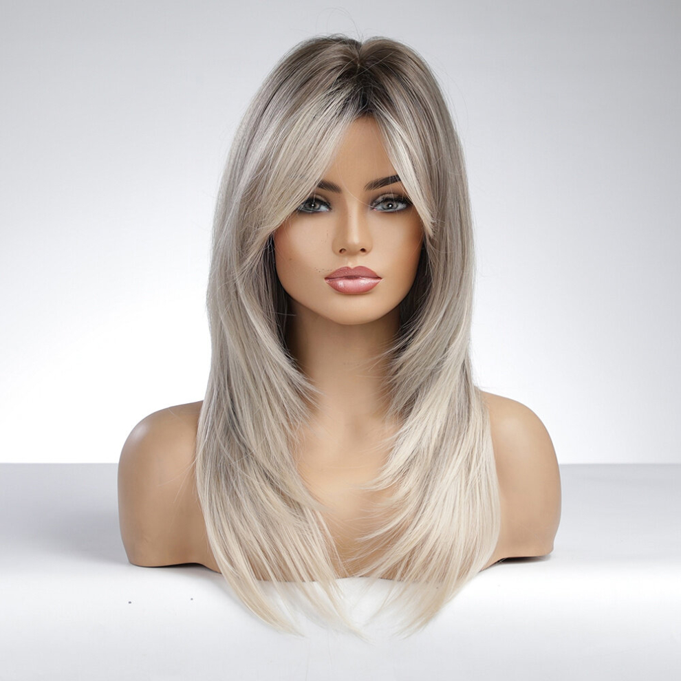 Unisex Multicoloured Long Ombre Grey Blonde Wigs For Women Synthetic Layered Hair Wig With Bangs Heat Resistant Synthetic Wig