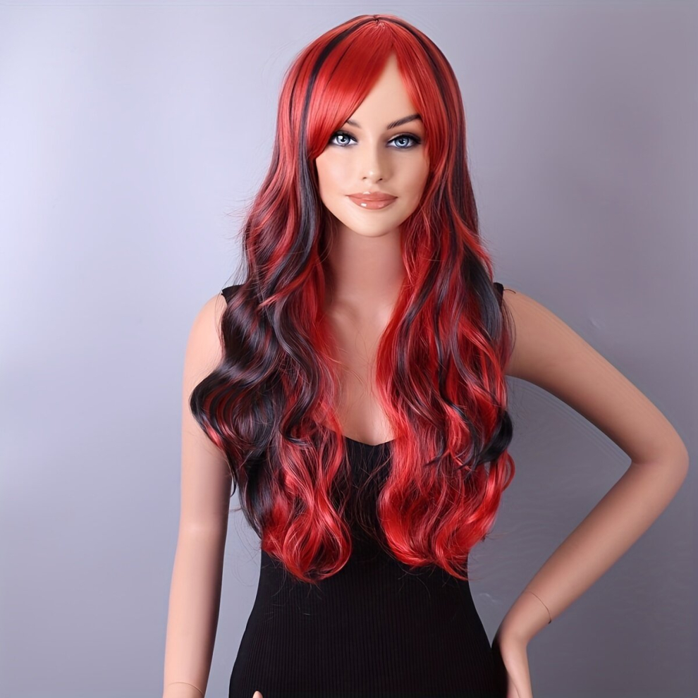 Colorful Long Curly Wavy Wig With Bangs Synthetic Wig Costume Wig For Halloween Party Highlight Red Wig Purple Wig