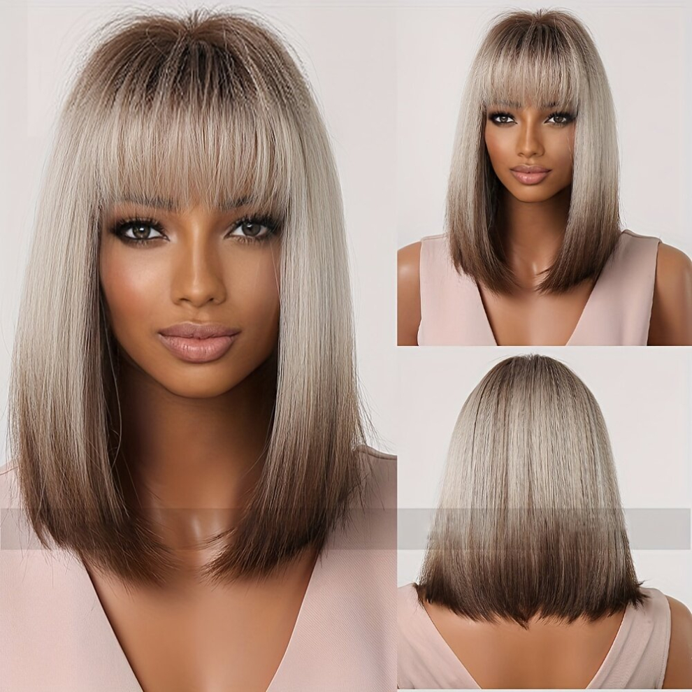 Unisex Multicoloured Gradient Gray Short Bob Wig With Bangs Womens Wigs Natural Looking For Daily Use