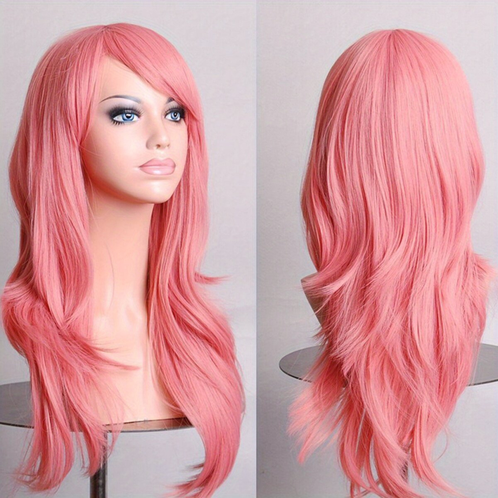 Unisex Pink Costume Wigs Long Curly Synthetic Wig With Bangs Beginners Friendly Heat Resistant For Halloween Cosplay Party
