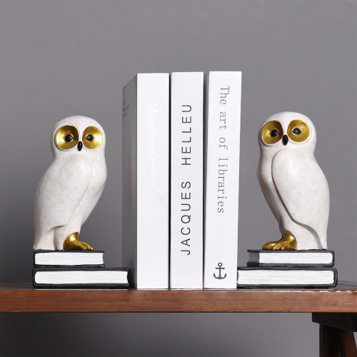 Wise White Snow Owl Heavy Duty Book Ends Decorative Unique Cute Bookends For Kids Home Office Decor Book Shelf Holder Modern Fun Resin Animal (NP1)