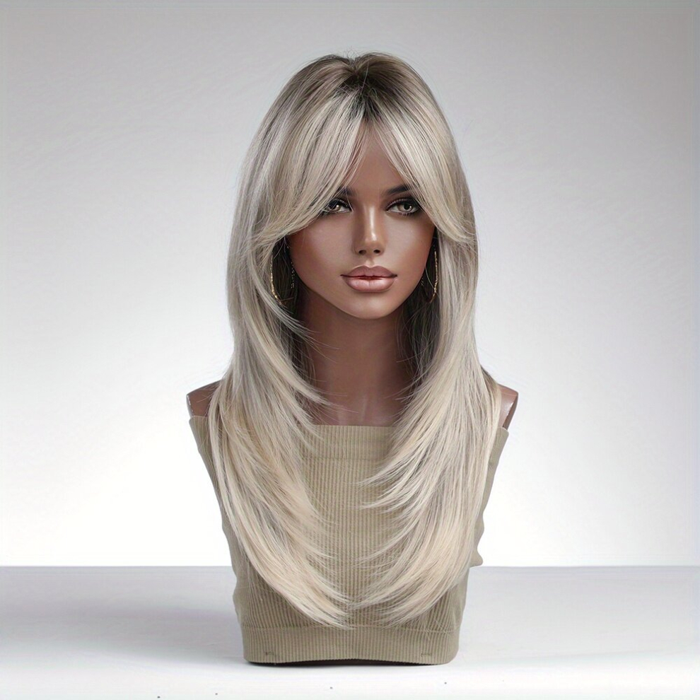 Long Blonde Wig with Bangs and Dark Roots 24 Inch Synthetic Hair Wig for Women Perfect for Any Occasion