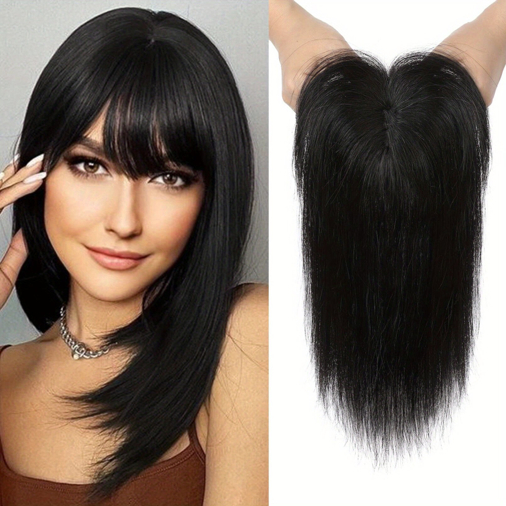 Unisex Black Human Hair Topper With Hair Bangs For Women 100 Real Human Hair Upgraded Clip In Toppers With Bangs For Women 150 Density Lace Base 25 4 Cm Natural