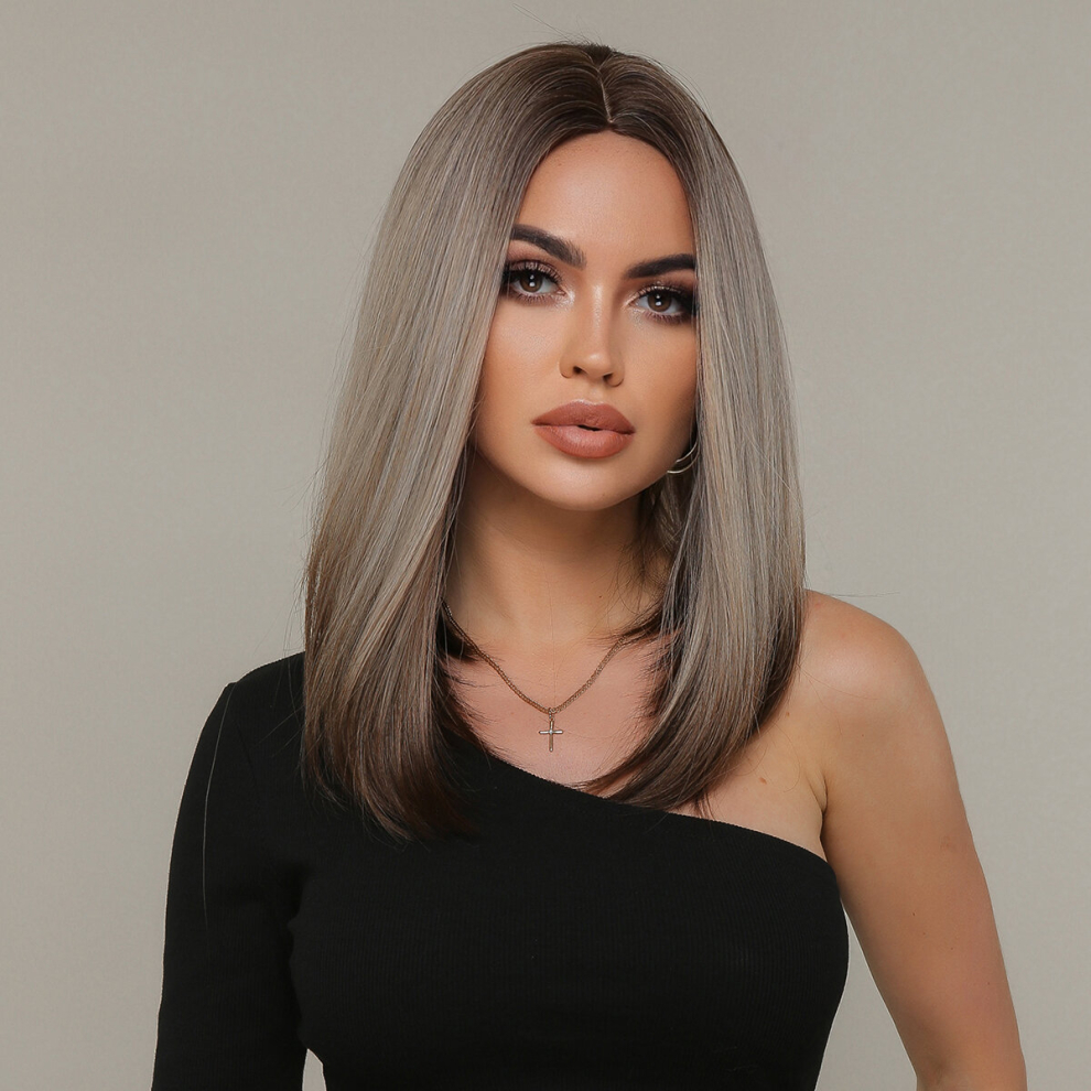 Womens Wig Short Straight Bob Gray Wig Top Heat Resistant Synthetic Ombre To Gray Hair Wigs For Women