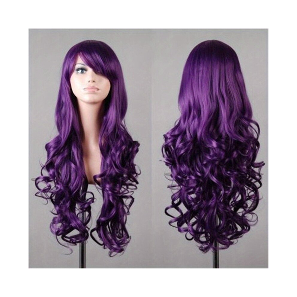 Unisex Purple Costume Wigs Colorful Long Curly Synthetic Wig With Bangs Beginners Friendly Heat Resistant For Halloween Cosplay Party