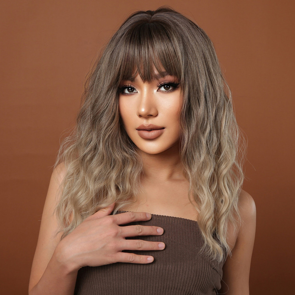 Ombre Blonde Synthetic Bangs Wigs for Women Medium Length Wavy Brown Hairpiece for Stylish and Effortless Look