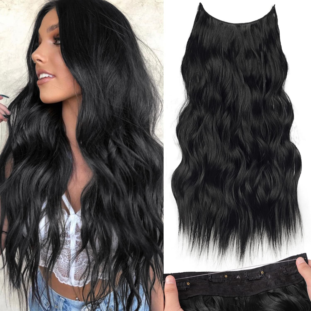 Invisible Wire Hair Extensions With Transparent Wire Adjustable Long Wavy Synthetic Hairpiece For Women