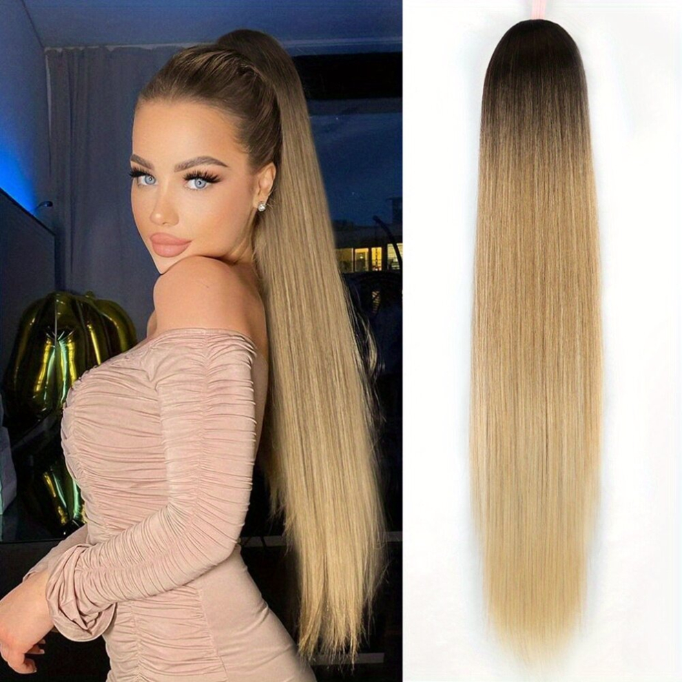 Unisex Brown 76 2 Cm Ombre Blonde Long Straight Ponytail Extensions Drawstring Ponytail Hair Piece Natural Synthetic Hairpiece Clip In Ponytails Hairpieces For Wom
