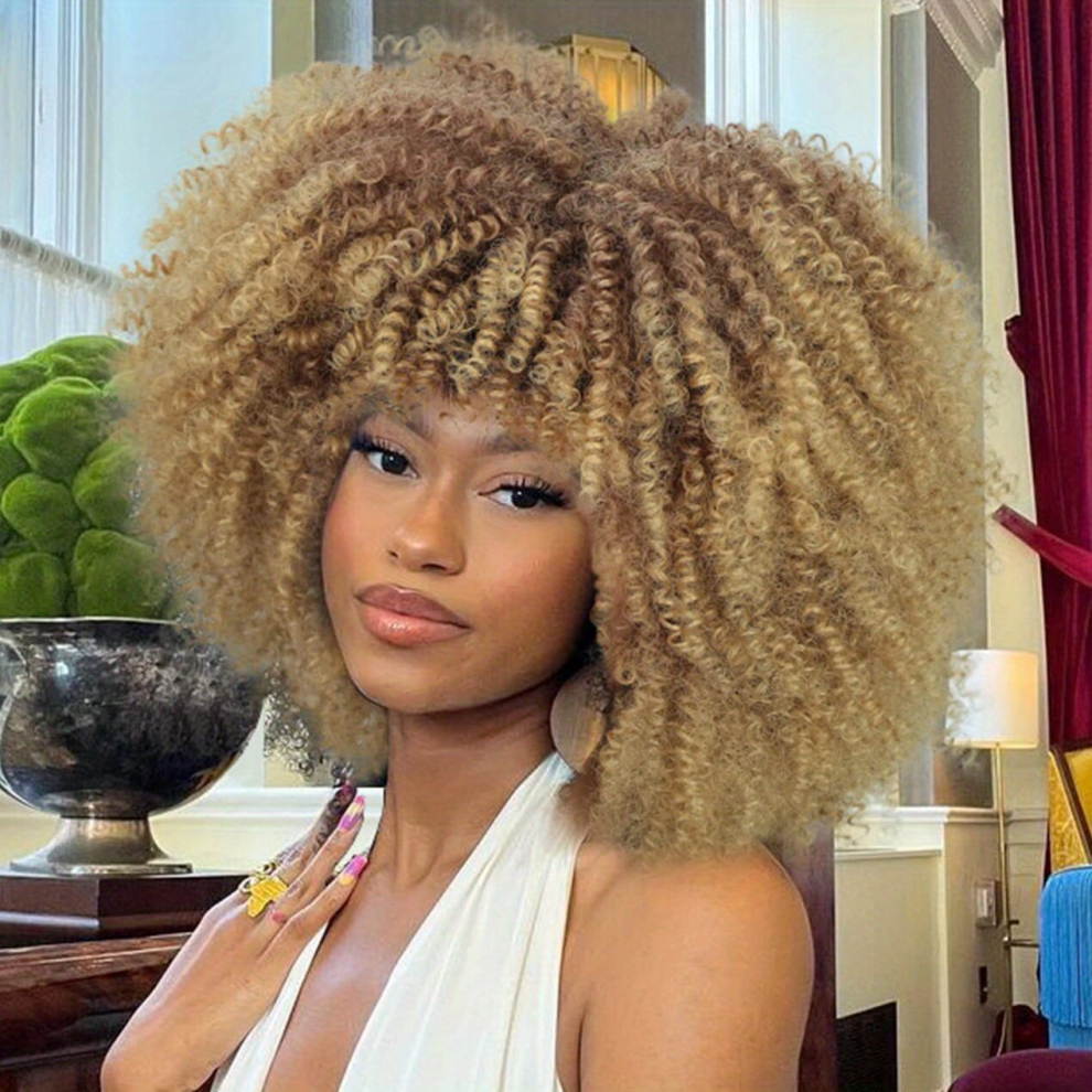 Unisex Multicoloured Short Afro Curly Wig With Bangs For Women Ombre Blonde Kinky Curly Hair Wig Afro Synthetic Full Wigs 30
