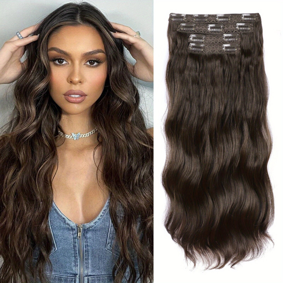 Unisex Multicoloured 4Pcs Long Wavy Clip In Hair Extensions For Women Natural Looking Synthetic Hair For A Stunning Look