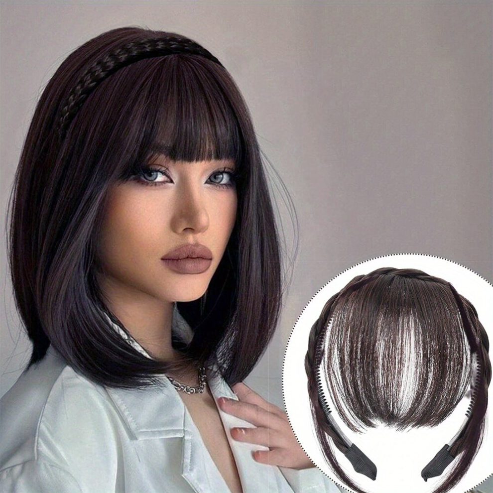 Hair Bangs With Braided Headband Synthetic Clip In Hair Extensions Natural Looking For Daily Use
