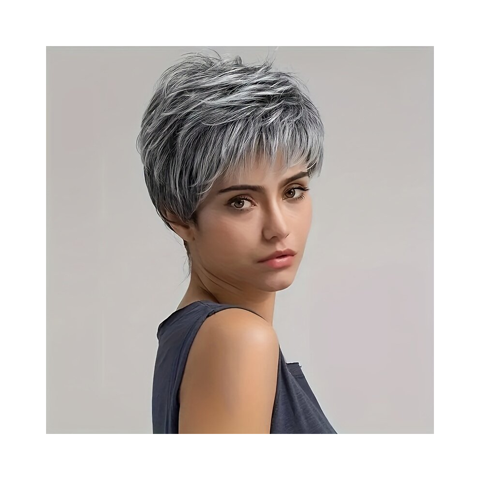Unisex Multicoloured Short Straight Pixie Cut Wig With Bangs Synthetic Wig Beginners Friendly Heat Resistant