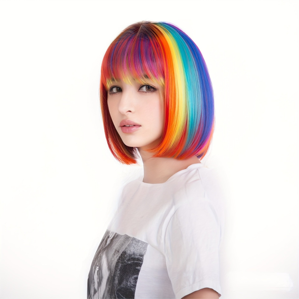 Unisex Multicoloured Costume Wigs Rainbow Highlight Short Straight Bob Wig With Bangs Synthetic Wig Anime Cosplay Wig For Halloween Cosplay Party