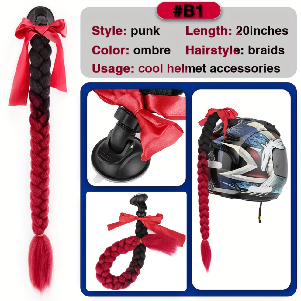 Unisex Red Ombre Long Synthetic Box Braid Hair Extensions With With Bowknot Helmet Ponytail Extensions With Detachable Suction Cup For Motorcycle Bike Motor Helm