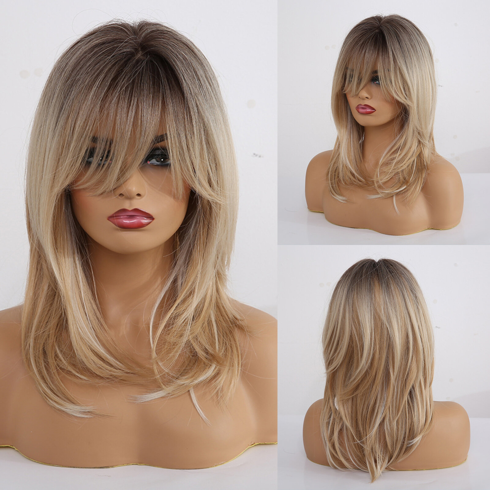 Unisex Multicoloured Blonde Wigs For Women Long Blonde Wig With Bangs Layered Synthetic Hair Wig With Dark Roots