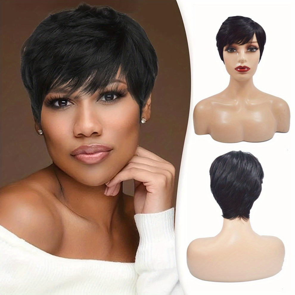 Unisex Black Pixie Cut Wig Human Hair Wigs With Bangs Natural Short Wig Layered Wavy Wigs For Women Girls