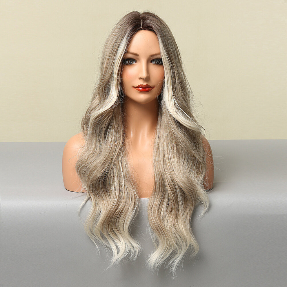 Unisex Multicoloured Ombre Ash Blonde Wavy Wig For Women Heat Resistant Synthetic Party Wig With Middle Part