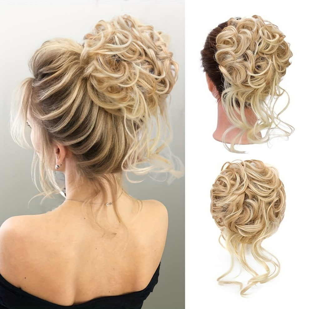 Unisex Multicoloured Messy Bun Hair Pieces Womens Disheveled Bun Hair Synthetic Wavy Curly Chignon Ponytail Daily Wear Wigs Strawberry Blond And Bleached Blond Mixed