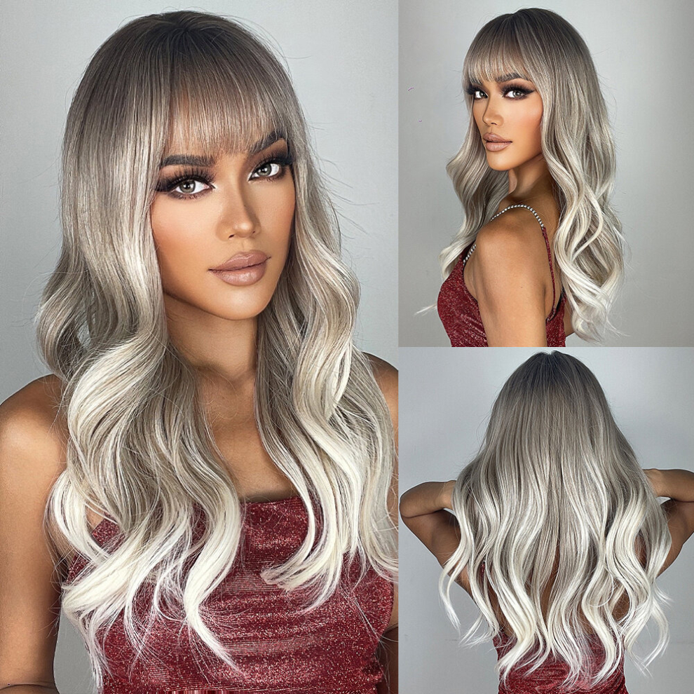 Unisex Multicoloured Ombre Gray Blonde Wave Wig With Bangs And Dark Roots Natural Looking Synthetic Heat Resistant Fiber Wig For Women