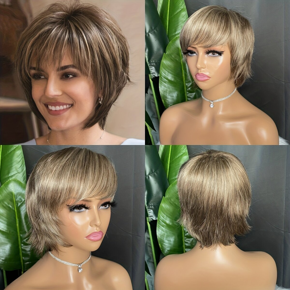 Unisex Multicoloured Highlight Brown With Blonde Wavy Short Pixie Wigs For Women Natural Looking Synthetic Wigs With Bangs Layered Short Haircuts For Daily Party