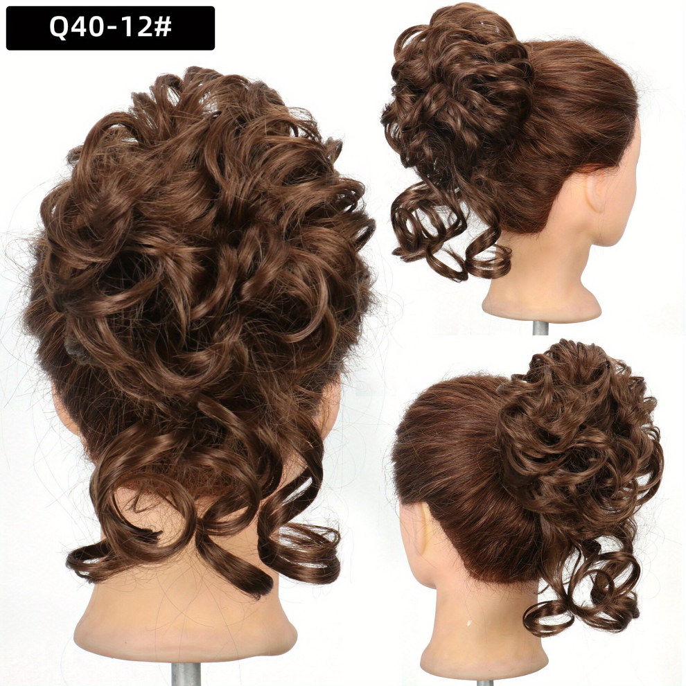 Unisex Brown Messy Bun Hair Piece Tousled Updo With Tendrils Hair Bun Extensions Wavy Curly Hair For Women Girls
